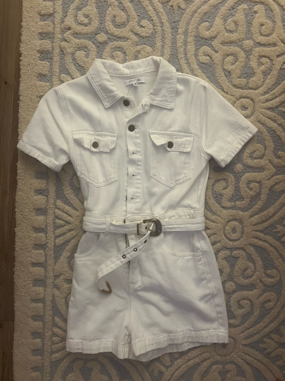 White Short Sleeve Denim Romper with Belt